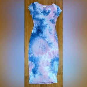 See You Monday Blue and Pink Tie-Dye V-Neck Bodycon Dress